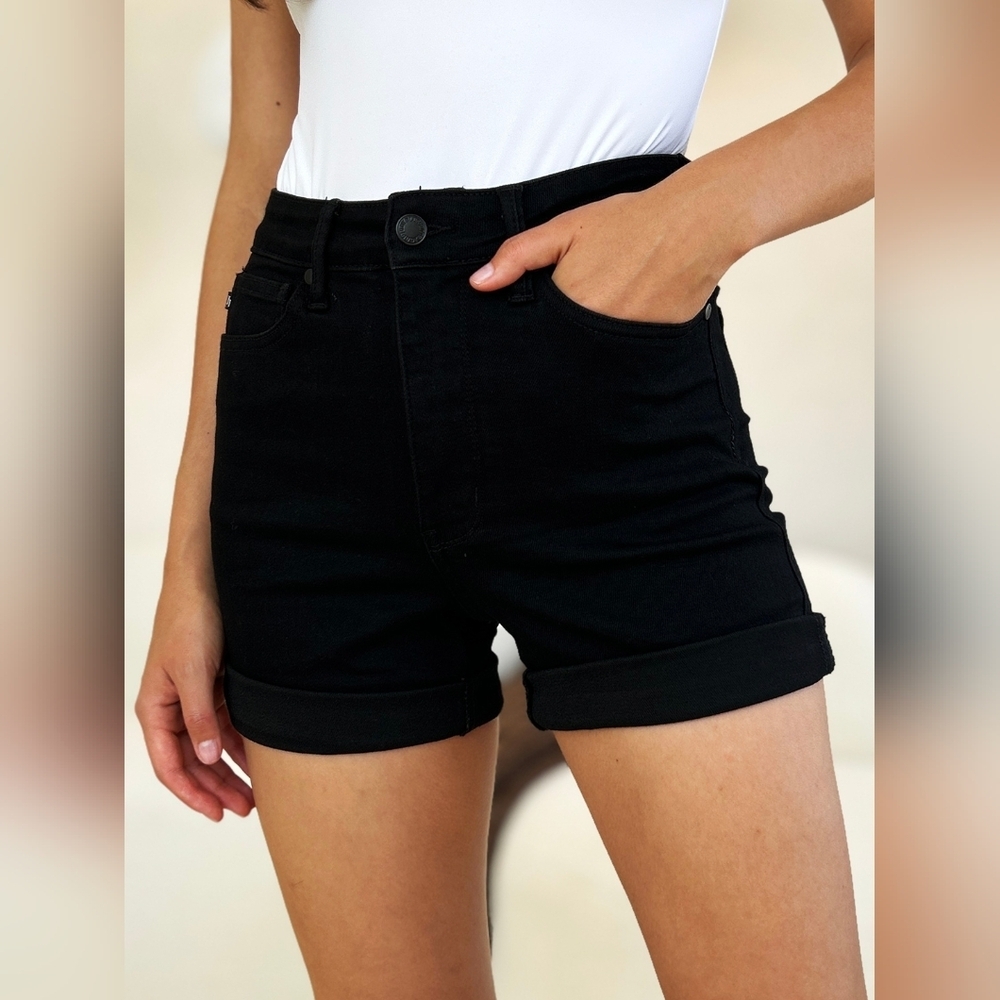 Judy Blue High Rise Tummy Control Cuffed Denim Shorts Black Classic Various NEW